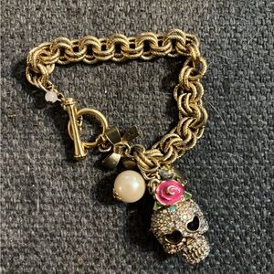 Betsey Johnson Gold Skull Bracelet with Pink Rose